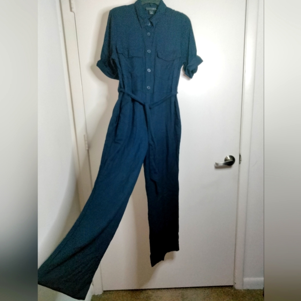 MONKL (Size M) Navy Blue Button Front Zip Fly Slip Pockets SS Belted Jumpsuit